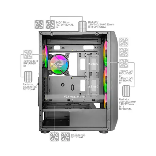 Mars Gaming MC-KX, Torre Gaming Premium E-ATX, Sistema CPU Freezer, 5 Ventiladores