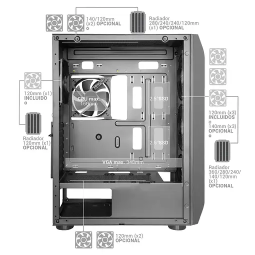 Mars Gaming MC-PRO2, Torre Profesional E-ATX, Sistema CPU Freezer, 5 Ventiladores