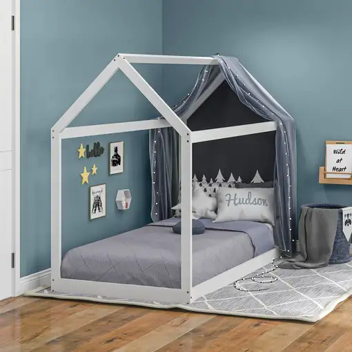 Cama Individual 90x190 cm en Forma de Casa Carga 120 kg Blanco HOMCOM
