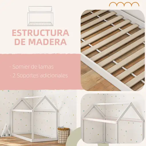 Cama Individual 90x190 cm en Forma de Casa Carga 120 kg Blanco HOMCOM