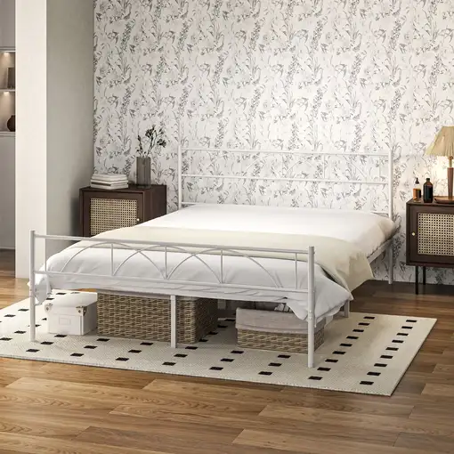Cama Doble 150x200 cm con Cabecera Listones de Acero Blanco HOMCOM