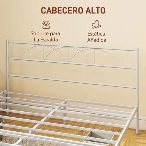 Cama Doble 150x200 cm con Cabecera Listones de Acero Blanco HOMCOM