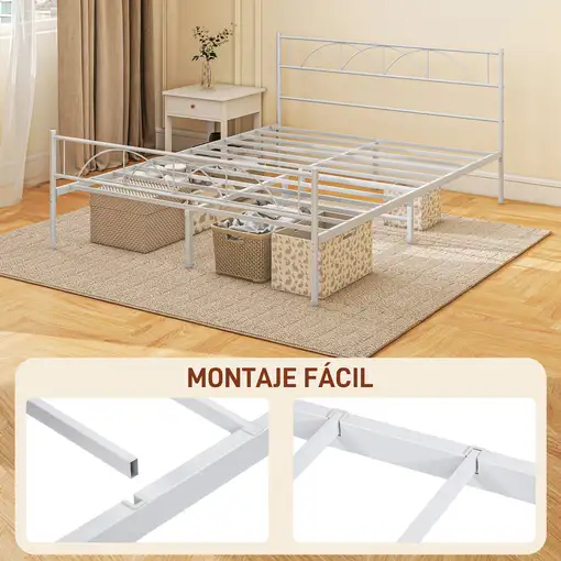Cama Doble 150x200 cm con Cabecera Listones de Acero Blanco HOMCOM