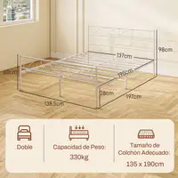 Cama Doble 135x190 cm con Cabecera Listones de Acero Blanco HOMCOM