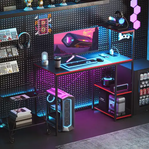 Mesa Gaming con Luces LED 110x50 cm Superficie de Fibra de Carbono Negro HOMCOM