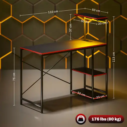 Mesa Gaming con Luces LED 110x50 cm Superficie de Fibra de Carbono Negro HOMCOM
