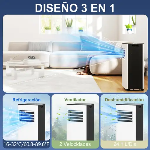 Aire Acondicionado 3 en 1 Portátil 9000 BTU para Habitación 28m² Blanco HOMCOM