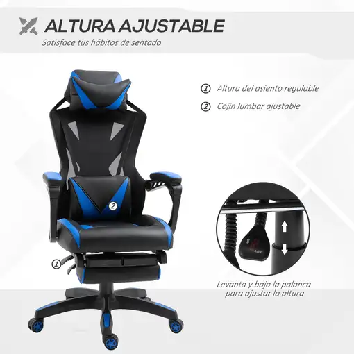 Silla Gaming Ergonómica Oficina Respaldo Regulable 65x70x117-125cm Azul Vinsetto