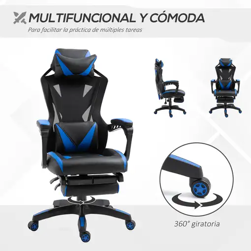 Silla Gaming Ergonómica Oficina Respaldo Regulable 65x70x117-125cm Azul Vinsetto