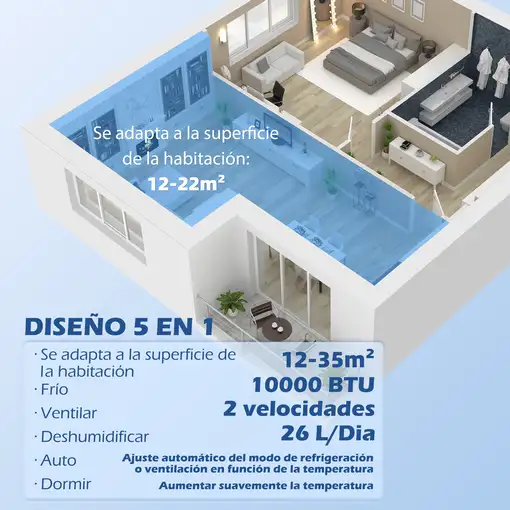 Aire Acondicionado Portátil 10000 BTU 2900W 5 en 1 con Control Remoto HOMCOM