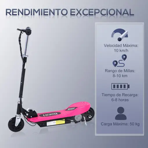 Patinete Eléctrico Plegable Niños Altura Ajustable 78x37x87-95 cm Rosa HOMCOM