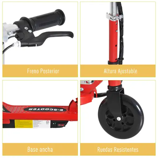 Patinete Eléctrico Niños +7 Años Plegable con Altura Ajustable 50kg Rojo HOMCOM