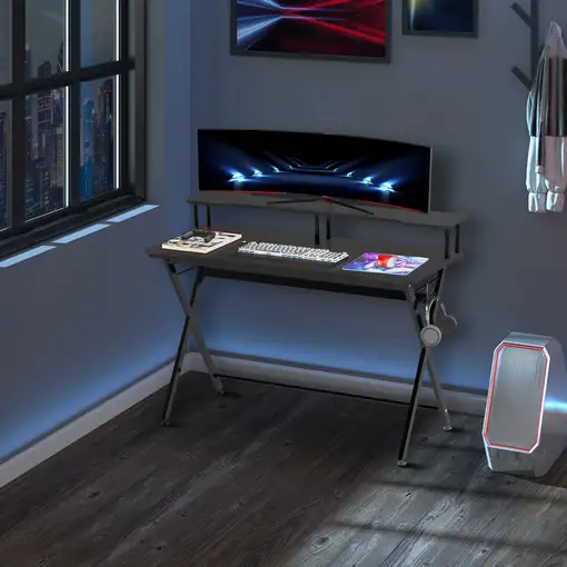 Mesa Gaming 140x60 cm con Estante para Monitor y Gancho para Auriculares HOMCOM