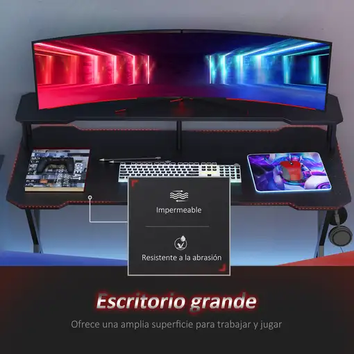 Mesa Gaming 140x60 cm con Estante para Monitor y Gancho para Auriculares HOMCOM