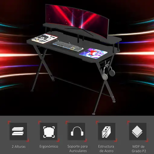 Mesa Gaming 140x60 cm con Estante para Monitor y Gancho para Auriculares HOMCOM