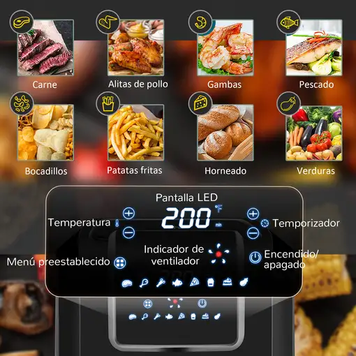 Freidora de Aire 6,5L 1700W 8 Programas Pantalla LED Táctil Temporizador HOMCOM