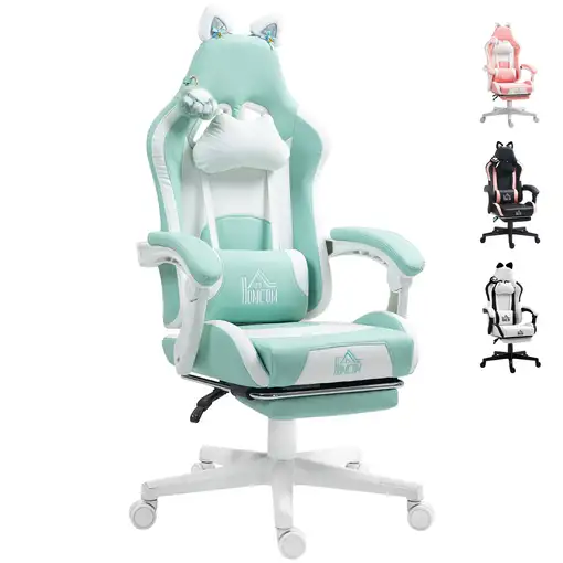 Silla Gaming con Orejas Altura Ajustable Reposapiés Retráctil Verde Menta HOMCOM