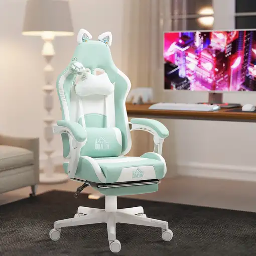 Silla Gaming con Orejas Altura Ajustable Reposapiés Retráctil Verde Menta HOMCOM