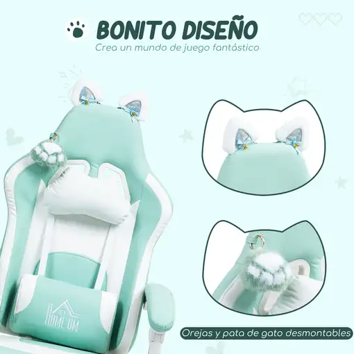 Silla Gaming con Orejas Altura Ajustable Reposapiés Retráctil Verde Menta HOMCOM