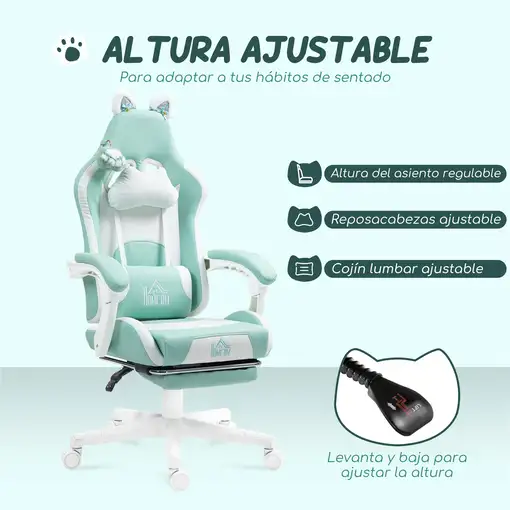 Silla Gaming con Orejas Altura Ajustable Reposapiés Retráctil Verde Menta HOMCOM