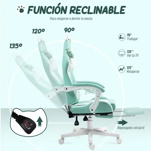 Silla Gaming con Orejas Altura Ajustable Reposapiés Retráctil Verde Menta HOMCOM