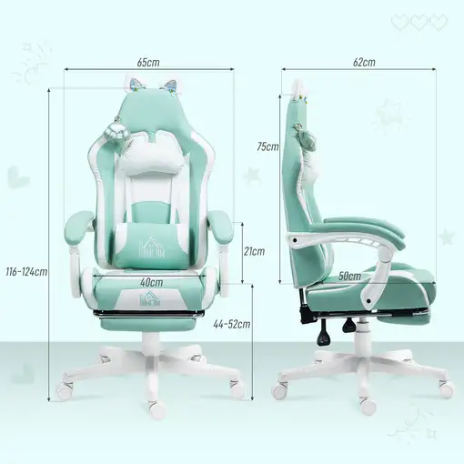 Silla Gaming con Orejas Altura Ajustable Reposapiés Retráctil Verde Menta HOMCOM