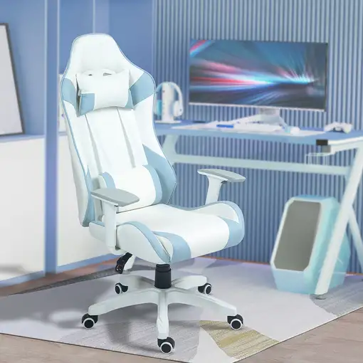 Silla Gaming Reclinable Giratoria con Cojín Lumbar 67x60x120-128 cm Azul HOMCOM