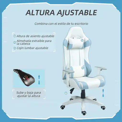 Silla Gaming Reclinable Giratoria con Cojín Lumbar 67x60x120-128 cm Azul HOMCOM