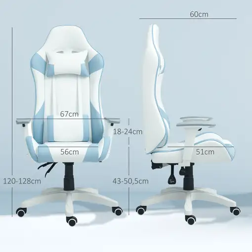 Silla Gaming Reclinable Giratoria con Cojín Lumbar 67x60x120-128 cm Azul HOMCOM