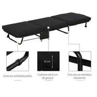 Cama Plegable 184x65 cm con Cabecera Ajustable en 5 Niveles Negro HOMCOM