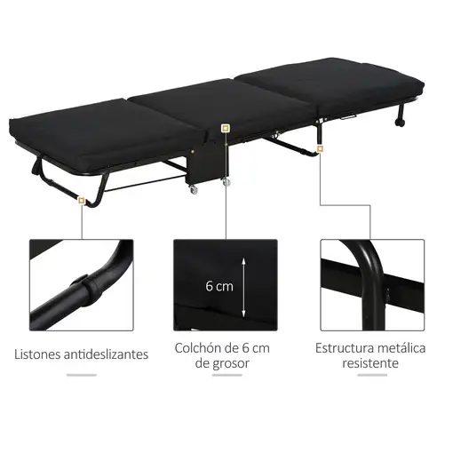 Cama Plegable 184x65 cm con Cabecera Ajustable en 5 Niveles Negro HOMCOM