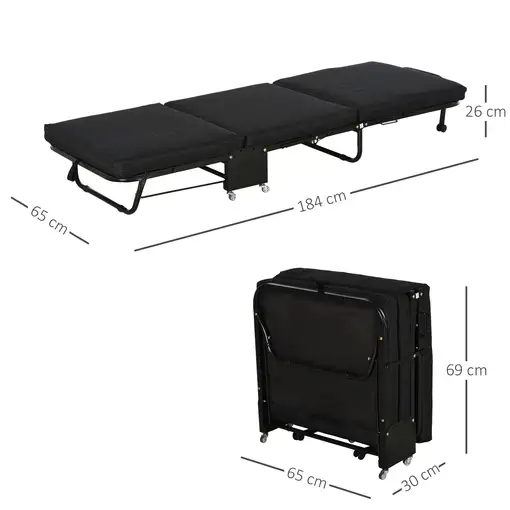 Cama Plegable 184x65 cm con Cabecera Ajustable en 5 Niveles Negro HOMCOM
