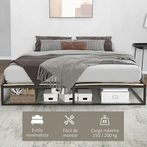 Marco de Cama de Acero Altura 25 cm para Colchón 180x200 cm Negro HOMCOM