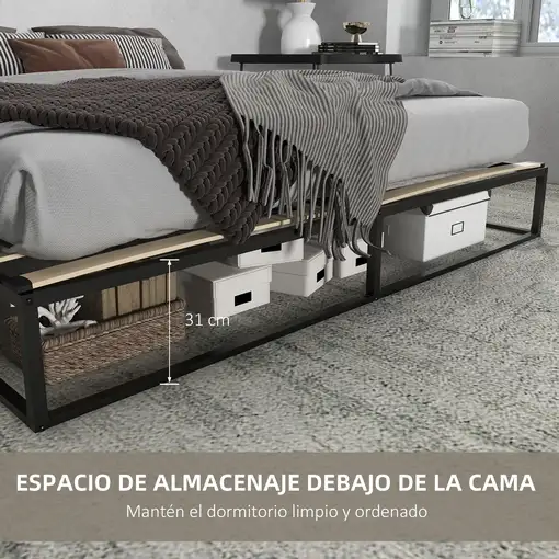 Marco de Cama de Acero Altura 25 cm para Colchón 180x200 cm Negro HOMCOM