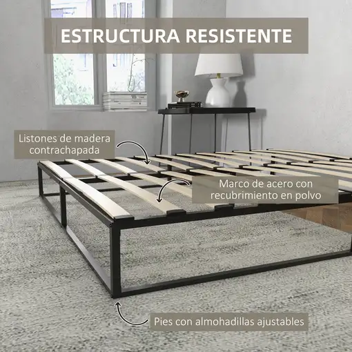 Marco de Cama de Acero Altura 25 cm para Colchón 180x200 cm Negro HOMCOM