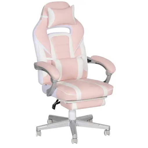 Silla Gaming Reclinable con Reposapiés Retráctil Soporte Lumbar Rosa HOMCOM