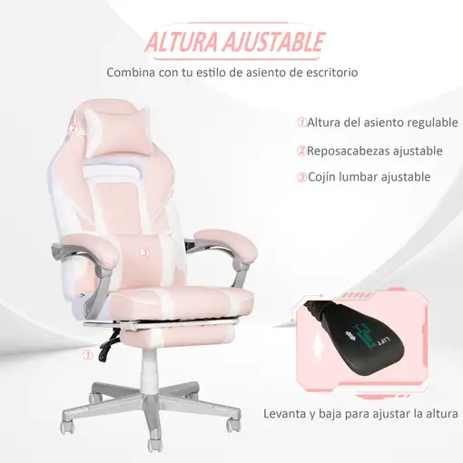 Silla Gaming Reclinable con Reposapiés Retráctil Soporte Lumbar Rosa HOMCOM