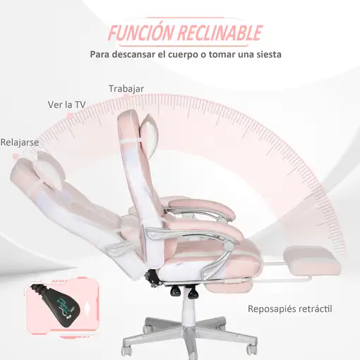 Silla Gaming Reclinable con Reposapiés Retráctil Soporte Lumbar Rosa HOMCOM