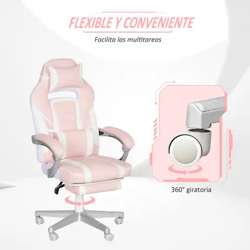 Silla Gaming Reclinable con Reposapiés Retráctil Soporte Lumbar Rosa HOMCOM