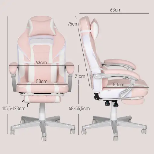 Silla Gaming Reclinable con Reposapiés Retráctil Soporte Lumbar Rosa HOMCOM