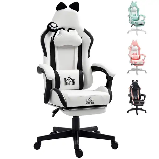 Silla Gaming con Orejas Altura Ajustable Reposapiés Retráctil Blanco HOMCOM