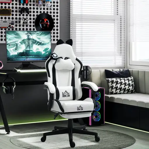 Silla Gaming con Orejas Altura Ajustable Reposapiés Retráctil Blanco HOMCOM