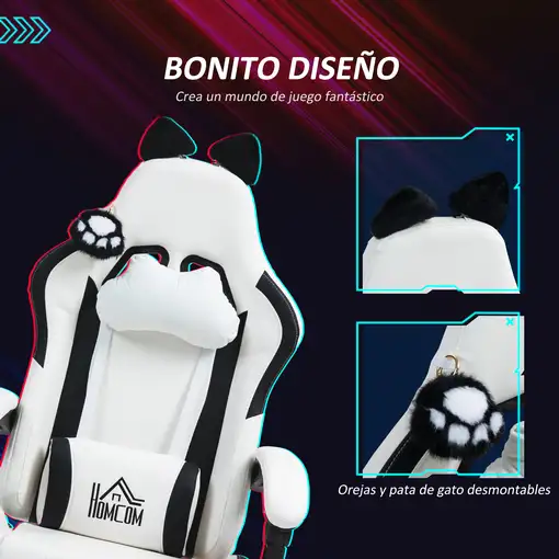 Silla Gaming con Orejas Altura Ajustable Reposapiés Retráctil Blanco HOMCOM