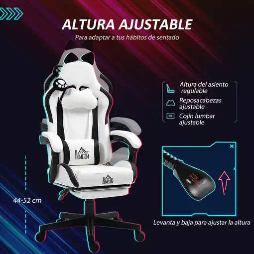 Silla Gaming con Orejas Altura Ajustable Reposapiés Retráctil Blanco HOMCOM