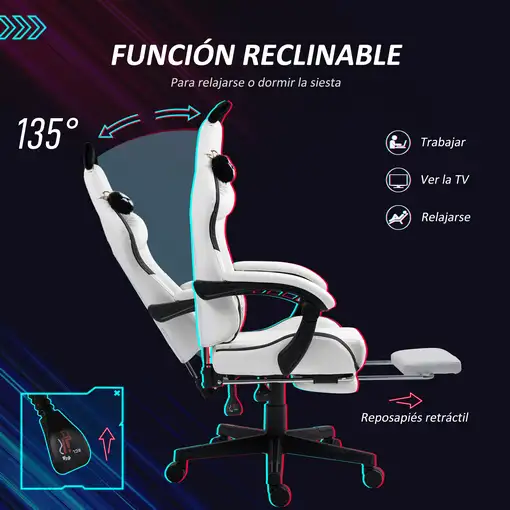 Silla Gaming con Orejas Altura Ajustable Reposapiés Retráctil Blanco HOMCOM