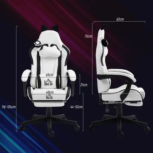 Silla Gaming con Orejas Altura Ajustable Reposapiés Retráctil Blanco HOMCOM