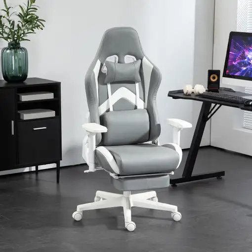 Silla Gaming Reclinable con Altura Ajustable Gris Claro y Blanco HOMCOM