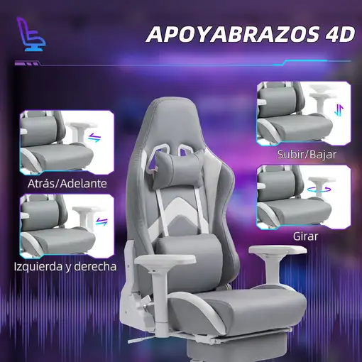 Silla Gaming Reclinable con Altura Ajustable Gris Claro y Blanco HOMCOM