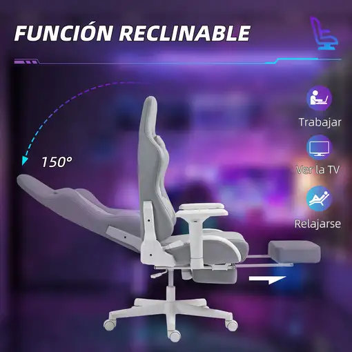 Silla Gaming Reclinable con Altura Ajustable Gris Claro y Blanco HOMCOM