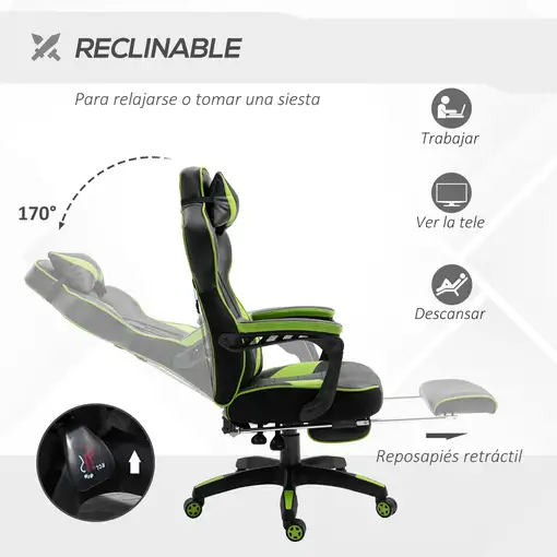 Silla Racing Ergonómica Respaldo Reclinable 65x70x118,5-126,5cm Verde Vinsetto